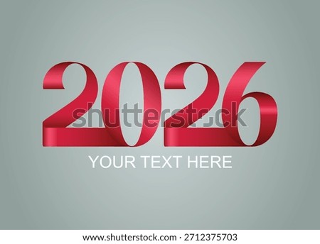 Elegant red ribbon forms the year 2026 with placeholder text on a stylish grey background representing new year celebrations and future events