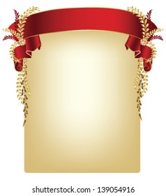 Elegant red ribbon with golden boughs on the blank paper