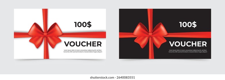 Elegant red ribbon voucher with 100 dollars text in modern black and white layout