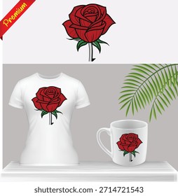 Elegant Red Rose Design Vector Art for T-Shirt and Coffee Mug Print. Romantic Floral Illustration. Nature, Love, and Beauty Themed Graphic for Valentine's Day Apparel and Merchandise.