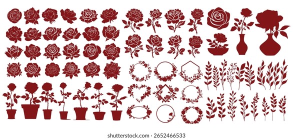 Elegant Red Rose Elements Collection – Romantic Floral Botanical Clipart Set with Blooming Roses, Petals, Leaves, and Decorative Rose Illustrations for Wedding Invitations, beautiful bundle set