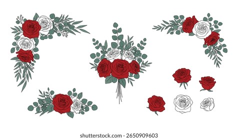 Elegante rosa vermelha e eucalipto casamento botânico convite floral arranjo elementos