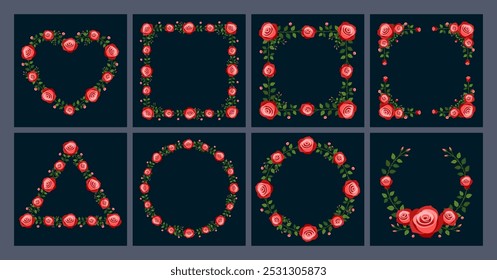 Elegant red rose floral frames for wedding invitations, romantic borders and greeting card designs