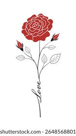 Rosa vermelha elegante com dois botões em um estilo linear isolado em um fundo branco. O caule se curva graciosamente para a palavra Amor. Ilustração vetorial.