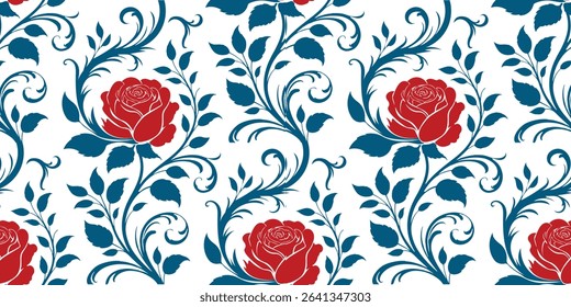 Elegant Red Roses and Blue Vines Floral Design vector for Greeting Cards, clothe floral pattern, textile design illustration, card background template, fabric design, seamless floral motif, floor card