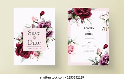 elegant red roses watercolor wedding invitation card set