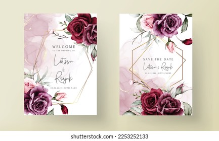 elegant red roses watercolor wedding invitation card set