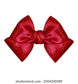 Elegant red satin ribbon gift bow isolated on a transparent background. Decor for New Year greeting cards, gift cards, vouchers, banners and posters. Vector illustration.