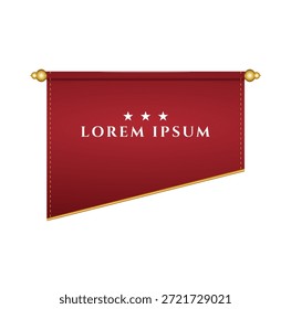 Elegante Plantilla de Vector de Anuncio de desplazamiento rojo con acentos dorados, tres estrellas y texto de marcador de posición "LOREM IPSUM". Ideal para premios, certificados, anuncios o promociones premium, añadiendo un toque de lujo clásico.