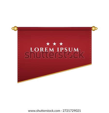 Elegant red scroll banner vector template with golden accents, three stars, and placeholder text "LOREM IPSUM." Ideal for awards, certificates, announcements, or premium promotions, adding a touch of classic luxury.