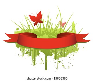 An elegant red scroll. Butterflies and ink splats in the background.