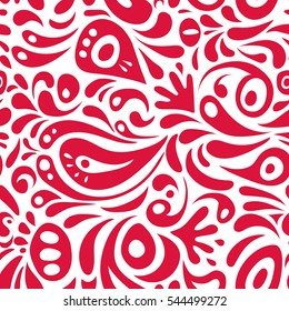 Elegant red seamless pattern with floral and Mandala elements. Nice vector hand-drawn illustration.