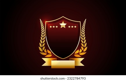 Elegant red shield with gold border and ribbon. Golden laurel wreath. Label brand.