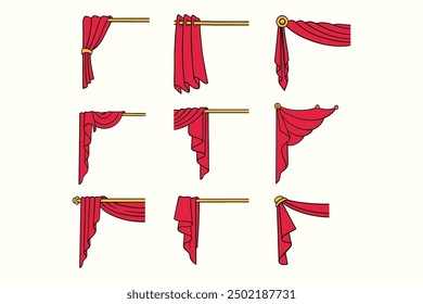 elegant red silk curtain with draperies, pelmet, pole illustration vector design set. corner of curtain and draperies doodle. colorful curtain flat design style for corner decoration ornament frame