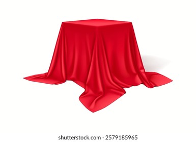 Elegant red silk fabric draping over cube realistic vector illustration. Hiding surprise box under crimson cloth 3d object on white background