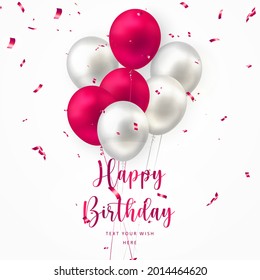 Elegant red silver white balloon and party popper ribbon Happy Birthday celebration card banner template
