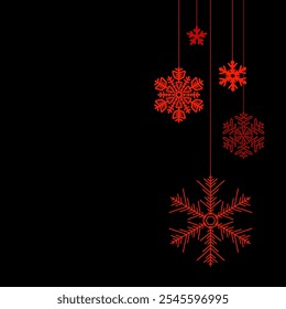 Elegantes adornos rojos de copo de nieve suspendidos sobre un fondo negro, creando un diseño festivo de vacaciones de invierno perfecto para decoraciones de temporada y activos digitales.