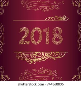 Elegant red square card with golden decor and frame. Decor greeting card 2018 - new year background