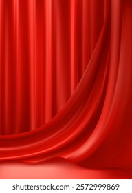 Elegant Red Stage Curtain with Dramatic Lighting and Wavy Texture. Vector illustration