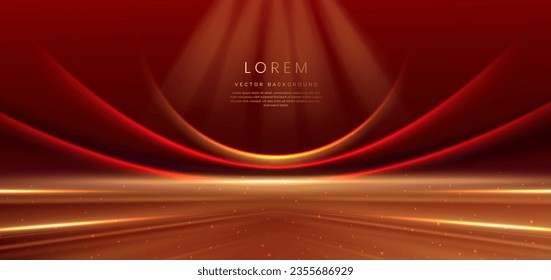 Elegant red stage with red curved shape lighting effect and sparkle. Template premium award design. Vector illustration