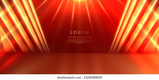 Elegant red stage with gold diagonal glowing lighting effect and sparkle. Template premium award design. Vector illustration