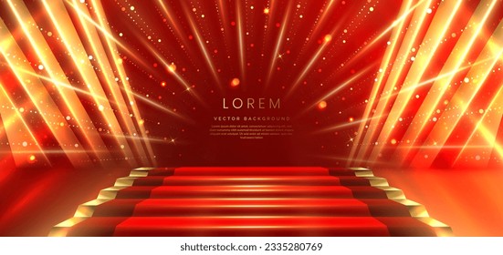 Elegant red stage with gold diagonal glowing lighting effect and sparkle. Template premium award design. Vector illustration