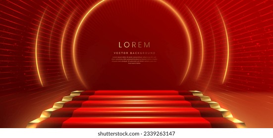 Elegant red stage with gold diagonal glowing lighting effect and sparkle. Template premium award design. Vector illustration