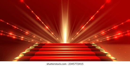 Elegante escenario rojo con efecto de iluminación brillante diagonal dorada y brillo. Diseño de premio de plantilla premium. Ilustración del vector