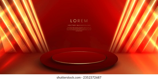 Elegant red stage with gold diagonal glowing lighting effect and sparkle. Template premium award design. Vector illustration