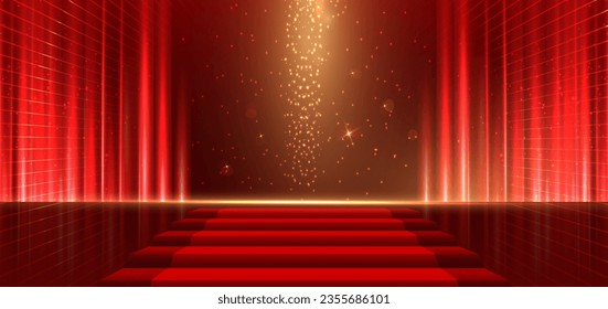 Elegant red stage with gold diagonal glowing lighting effect and sparkle. Template premium award design. Vector illustration