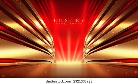 Elegant red stage with golden curves with light and bokeh effect decoration. Luxury stage design concept for product promotion or award ceremony.