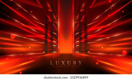 Elegant red stage with golden line with light and bokeh effect decoration. Luxury background design concept for product promotion or award ceremony.