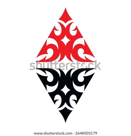 Elegant red tribal pattern featuring a symmetrical triangular design with intricate curves and shapes representing cultural artistry like flower icons
