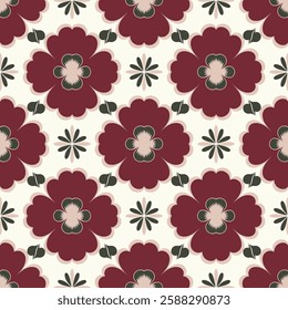 Elegant Red and White Floral Tile Seamless Pattern with Symmetric Layout