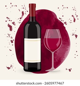 Elegant Red Wine Bottle and Glass Accompanied by Artistic Splashes and Stains on a Light Background
