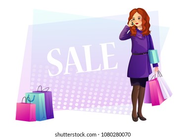 Elegant redhead woman holding shopping bags and phone.Violet geometric banner background. Vector illustration.