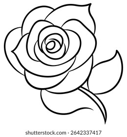 Elegant and refined, this detailed black and white outline depicts a stunning blooming rose with lush green leaves in a clean, minimalist style.