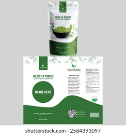 Elegant and refreshing green tea pouch packaging design with a natural theme. Perfect for organic, herbal, and premium tea branding, ensuring a fresh look.