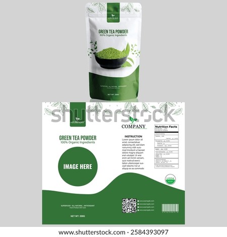 Elegant and refreshing green tea pouch packaging design with a natural theme. Perfect for organic, herbal, and premium tea branding, ensuring a fresh look.