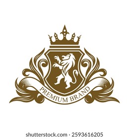 Elegant and regal lion crest logo featuring vintage-style ornaments, a crowned shield, and bold heraldic elements. The majestic lion symbolizes strength, power, and prestige.