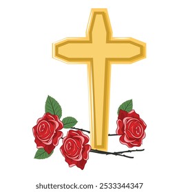 Elegante cruz religiosa con rosas rojas colocadas en la parte inferior, que representan la devoción