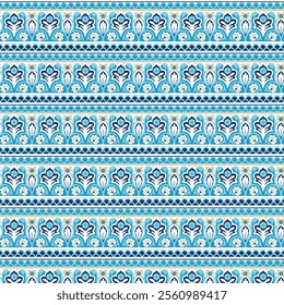 Elegant repeating border pattern in light blue, navy, and cream tones.