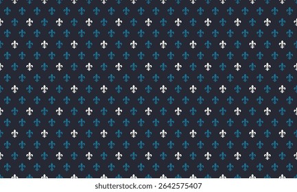 Elegant repeating fleurdelis pattern in teal, white, and dark blue.  Perfect for textile design, wallpaper, website backgrounds, or any project needing a sophisticated, regal touch.