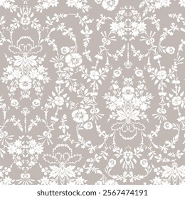 Elegant, repeating floral damask pattern on a light gray background.