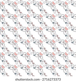 Elegante patrón de parra floral que repite con corazones y zarcillos rizados en suaves rosas y azules. Ideal para bodas, romance, textiles, Fondo de pantalla y diseños de fondo con sentimiento suave y caprichoso