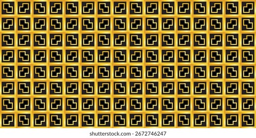 Elegante padrão geométrico repetitivo de quadrados pretos definidos em quadros de ouro brilhante, criando um plano de fundo abstrato luxuoso.