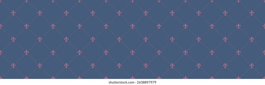 Elegant repeating pattern featuring subtle purple fleurdelis on a deep blue background.  Perfect for website backgrounds, textiles, or stationery design.