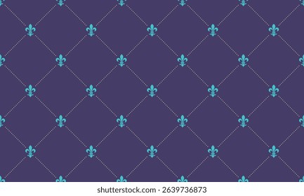 Elegant repeating pattern featuring teal fleurdelis on a deep purple background.  Perfect for luxurious designs, invitations, website backgrounds, or textile prints.