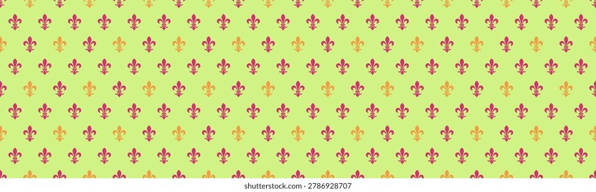 Elegant repeating pattern of fleurdelis in muted gold and crimson on a pale green background.