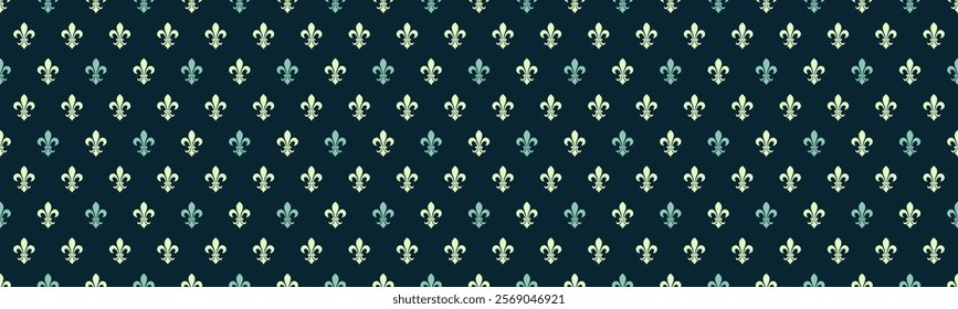 Elegant repeating pattern of fleur-de-lis in soft pastel hues on a dark background. Ideal for textile design, wallpaper, website backgrounds, and branding projects.